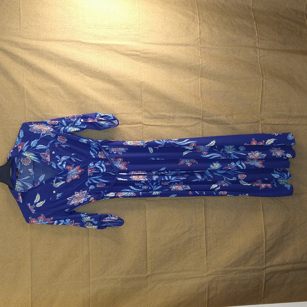 Woman Blue Floral Belted Long Dress Size: L